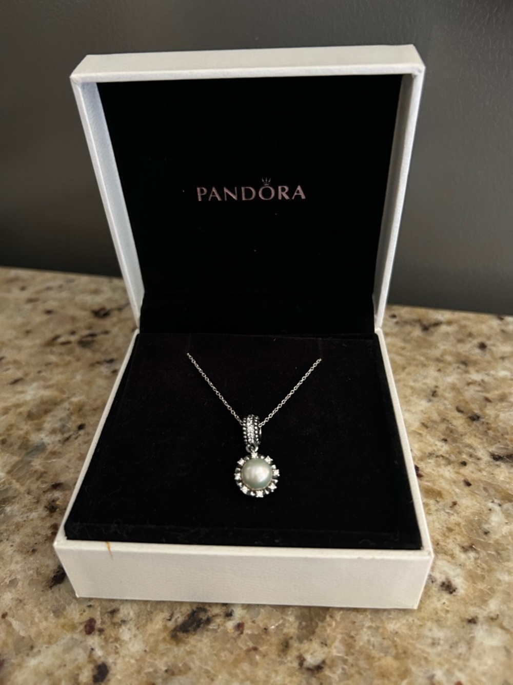 Pandora Silver Pendant Necklace with White Pearl and Sparkling Halo